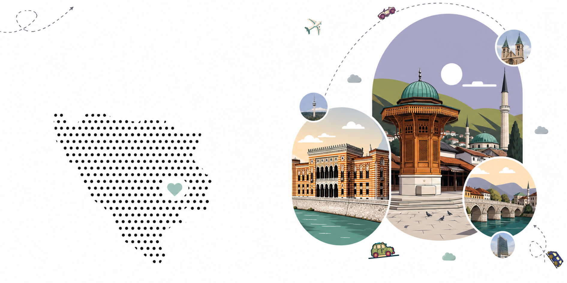 Illustrated Sarajevo landmarks and MapGem travel route